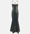 Blumarine Embellished Denim Gown In Peacoat/warm Sand