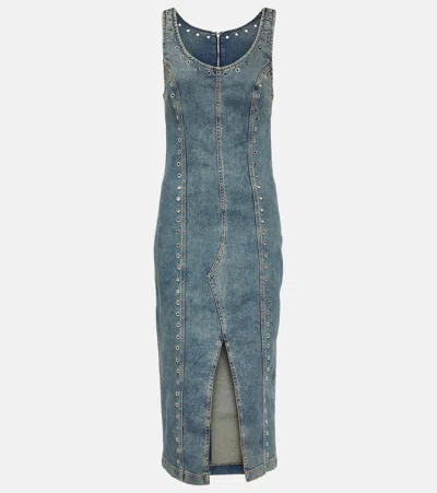 Blumarine Embellished Denim Midi Dress In Blue