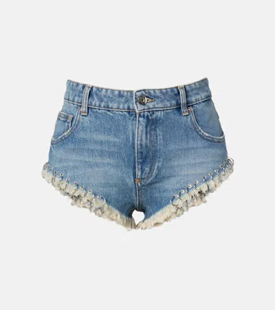 Blumarine Embellished Denim Shorts In Blue
