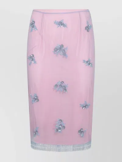 Blumarine Embellished Floral Fringe Sheer Overlay Skirt In Blue