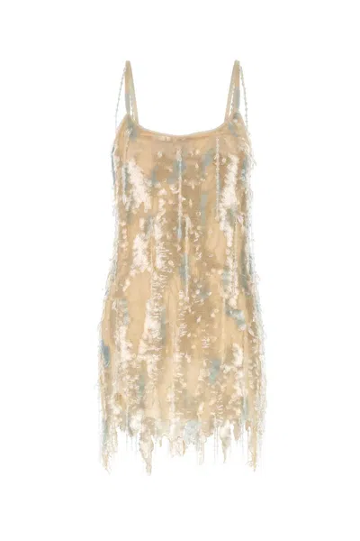 Blumarine Embellished Mesh Mini Dress In Gold