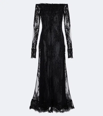 Blumarine Embellished Off-shoulder Lace Gown In Black