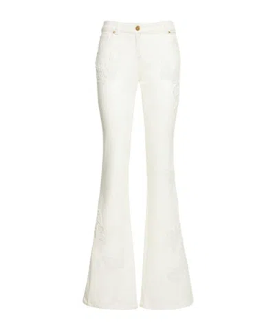 Blumarine Embroidered Low Waist Denim Flare Jeans In White
