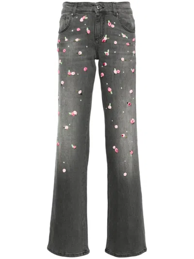 Blumarine Embroidered Denim Straight Jeans In Grey