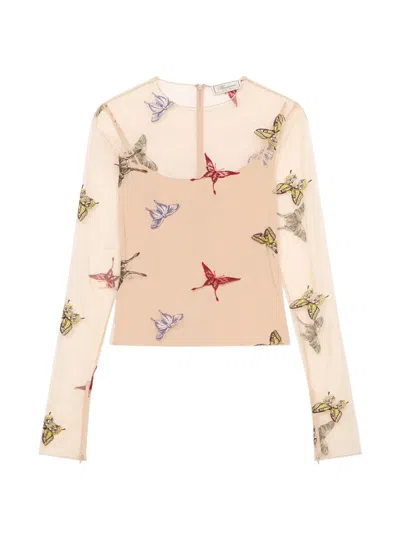 Blumarine Embroidered Tulle Blouse In Neutral