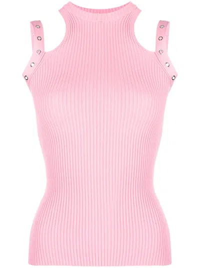 Blumarine Eyelet-embellished Ribbed-knit Halterneck Top In Pink