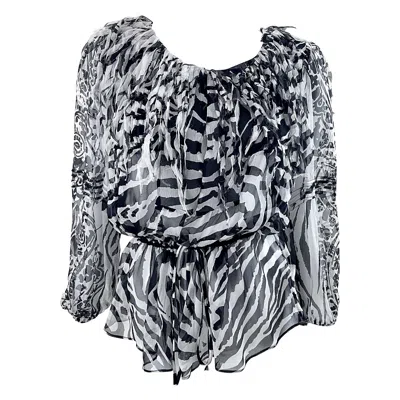 Pre-owned Blumarine Fall 2010 Zebra Print Black And White Fringe Silk Chiffon Blouse Top