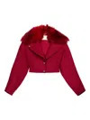 Blumarine Faux-fur-collar Cropped Jacket In Pink