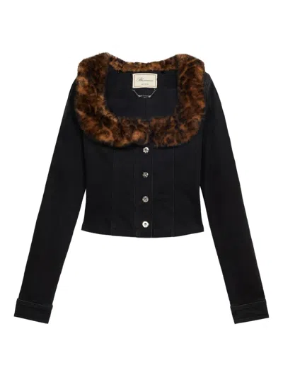 Blumarine Faux-fur Collar Denim Jacket In Black