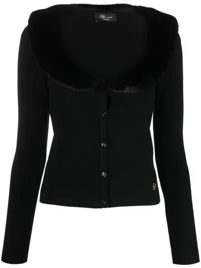 Blumarine Faux-fur Collar Knitted Cardigan In Black