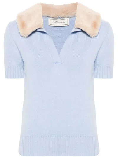 Blumarine Faux-fur Collar Polo Top In Blue