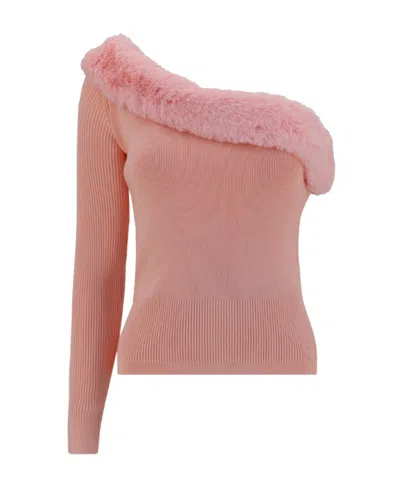 Blumarine Faux-fur Detail One-shoulder Top In Pink