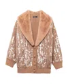 Blumarine Faux-fur Tirm Sequin Cardigan In Nude