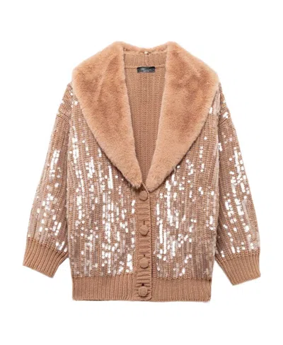 Blumarine Faux-fur Tirm Sequin Cardigan In Nude