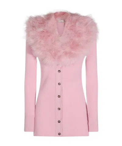 Blumarine Faux Fur Trim Longline Cardigan In Dusty Pink