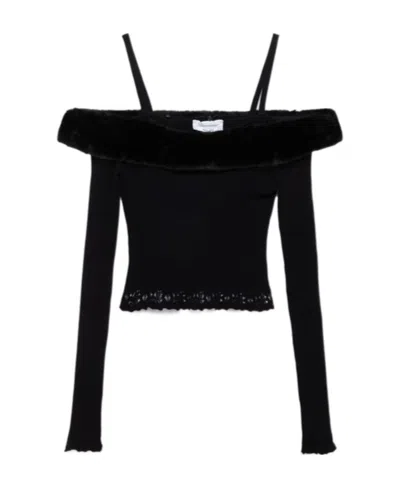 Blumarine Faux-fur Trim Off-shoulder Jumper In Black