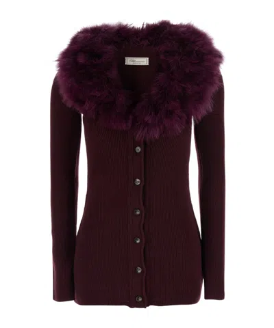 Blumarine Faux Fur Trim Ribbed Cardigan In Red