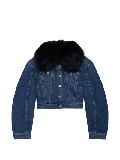 Blumarine Faux-fur Collar Denim Jacket In Blue