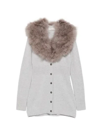 Blumarine Faux-fur Collar Ribbed Cardigan In Gray