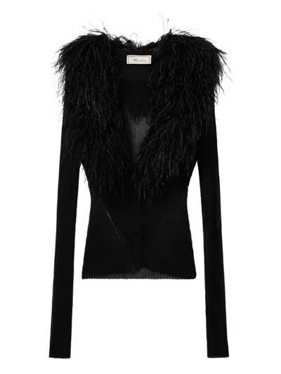 Blumarine Feather-collar Cardigan In Black