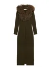 Blumarine Green Long Dress With Removable Feather Collar In Wool Woman In Green