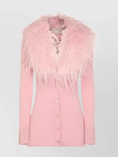 Blumarine Feather Trim Longline Ribbed Knitwear In Pink