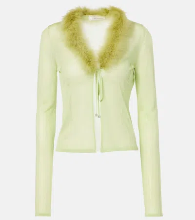 Blumarine Feather-trimmed Cardigan In Nilegreen