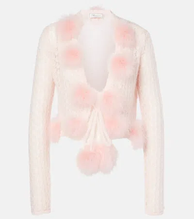 Blumarine Feather-trimmed Mohair And Wool-blend Cardigan In Pink