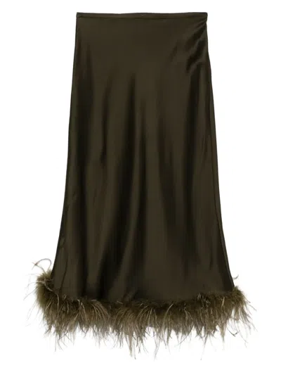 Blumarine Feather-trimmed Satin Skirt In Green