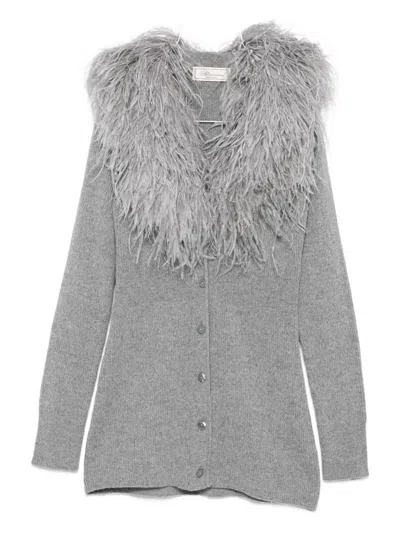 Blumarine Feather-trimmed Wool Cardigan In Gray