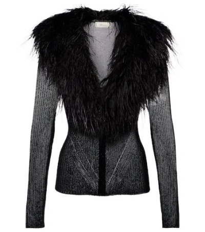 Blumarine Feather-trimmed Ribbed-knit Cardigan In Black