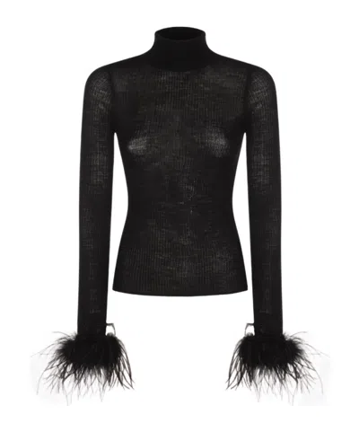 Blumarine Feather-trimmed Ribbed-knit Jumper In Black