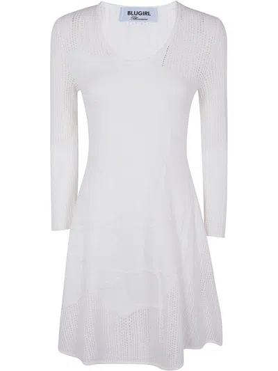 Blumarine Flared White Mini Dress With Long-sleeved
