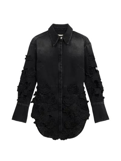 Blumarine Floral-applique Denim Shirt In Black