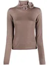 Blumarine Floral-appliqué Fine-knit T-shirt In Brown
