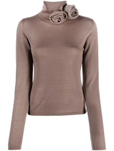 Blumarine Floral-appliqué Fine-knit T-shirt In Brown