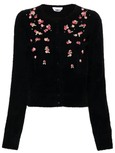 Blumarine Floral-appliqué Knitted Cardigan In Black