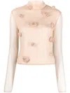 Blumarine Floral-appliqué Long-sleeve Mesh Top In Nude