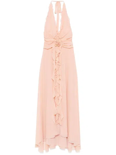 Blumarine Ruffled Silk Long Halter Dress W/rose In Light Pink