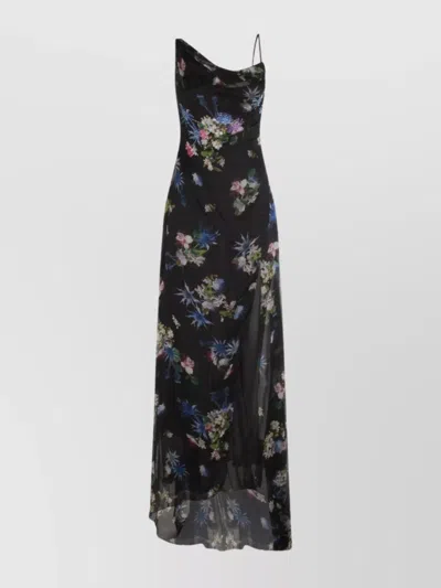 Blumarine Floral Asymmetric Sheer Spaghetti Strap Dress In Black
