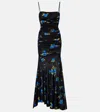 Blumarine Floral Draped Jersey Maxi Dress In Black