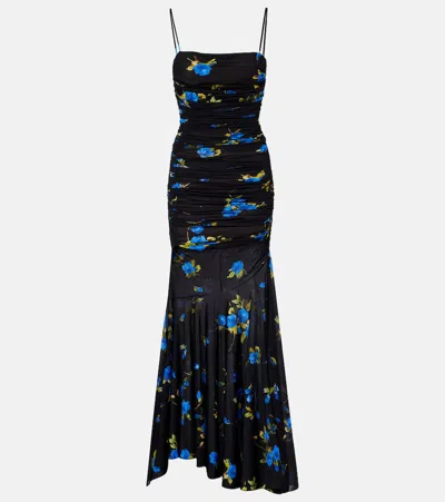 Blumarine Floral Draped Jersey Maxi Dress In Blue