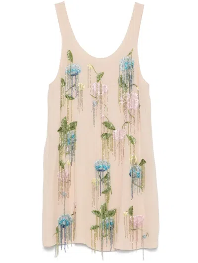 Blumarine Floral-embroidered Georgette Dress In Neutrals