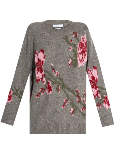 Blumarine Gray Jacquard Rose Sweater In Grey