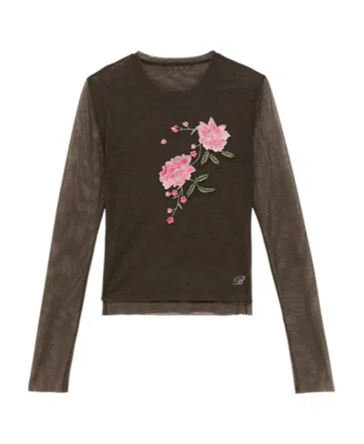 Blumarine Floral-embroidered Sheer Top In Black