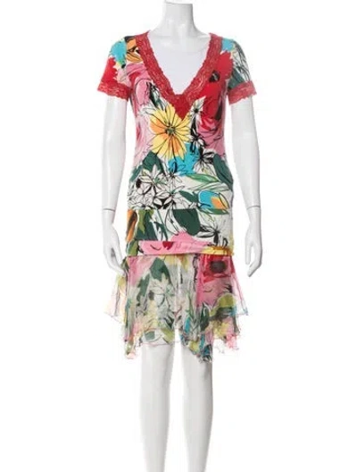 Pre-owned Blumarine Floral Print Lace Trim Embellishment Skirt Set In Red