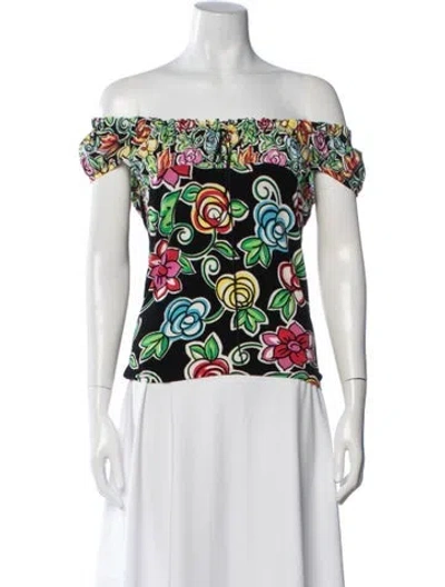 Pre-owned Blumarine Floral Print Off-the-shoulder Top In Black