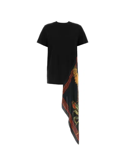 Blumarine Cotton T Shirt Asymmetric Hem Floral Print In Black