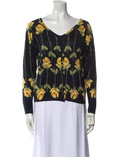Pre-owned Blumarine Floral Print V-neck Sweater In Black