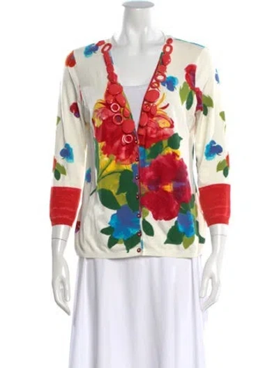 Pre-owned Blumarine Floral Print V-neck Sweater In White